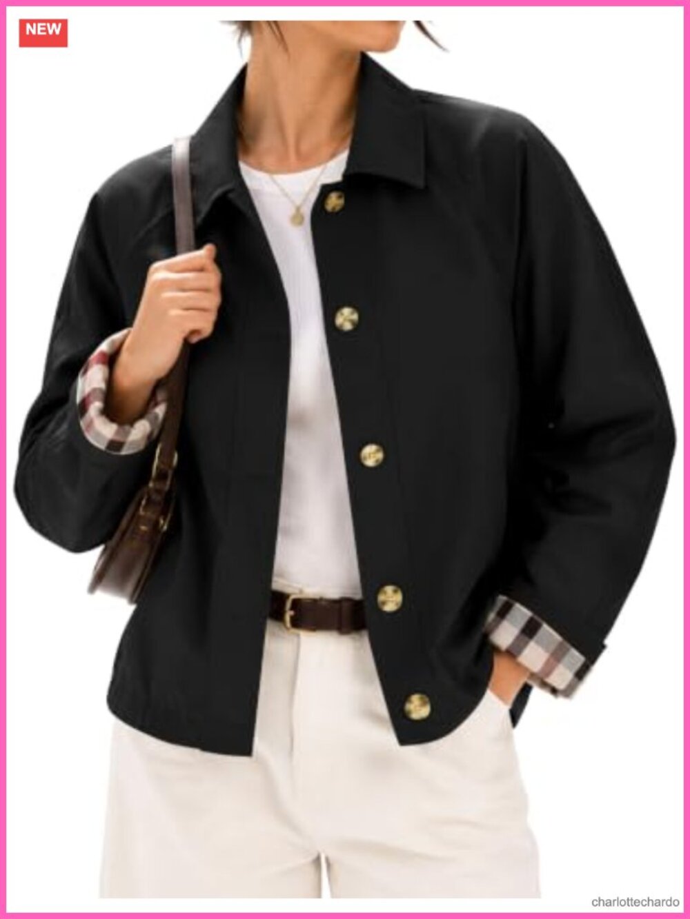 Women's Short Trench Coat with Plaid Lining, Button Front, Lightweight Casual